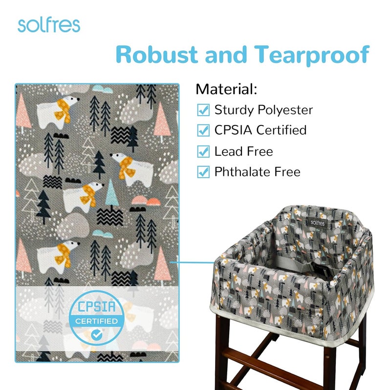 Solfres Dual-Belt Baby High Chair Cover, Upgrade Version, for Wooden or Restaurant High Chair, Sturdy and Robust Material, Waterproof Washable Stain and Slip Resistant, Gray Polar Bear - Image 4
